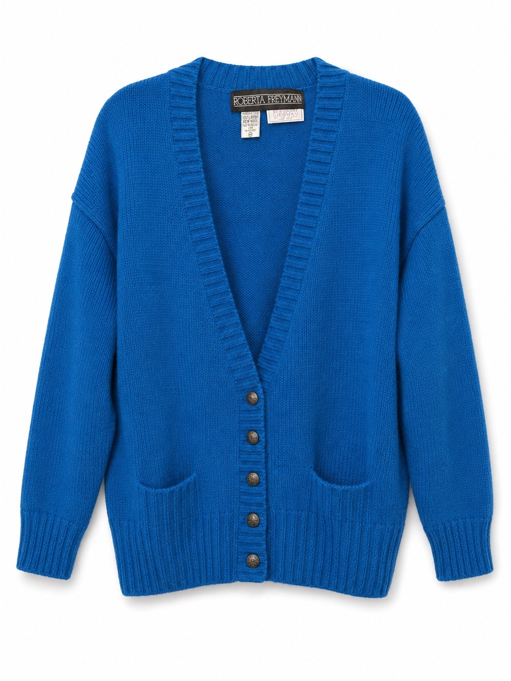 Vintage Bergdorf Goodman hand knitted Deep Blue 100% pure Wool Cardigan Sweater